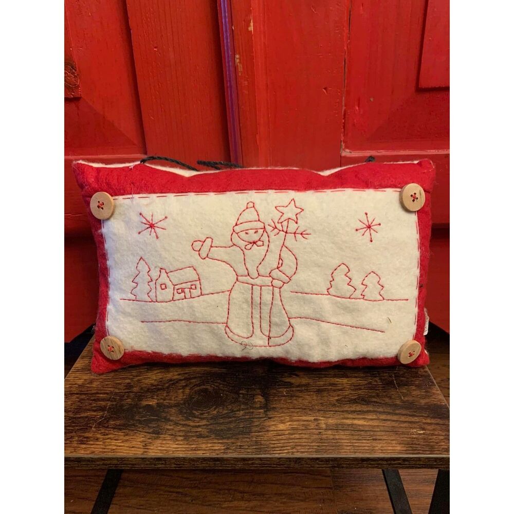 Rustic Country Embroidered Santa Pillow Door Hanger Christmas Holiday Buttons